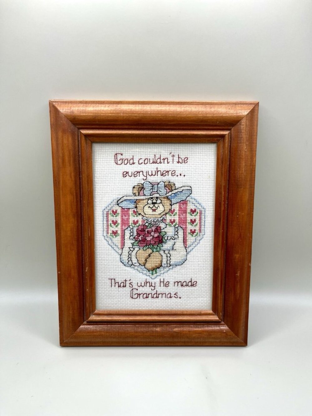 VTG Grandma Framed Cross Stitch Handmade Needlepoint Cottage Folk Religious Bear